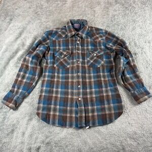 Vintage Pendleton Wool Western Flannel Shirt Blue Brown Plaid Pearl Snap USA S